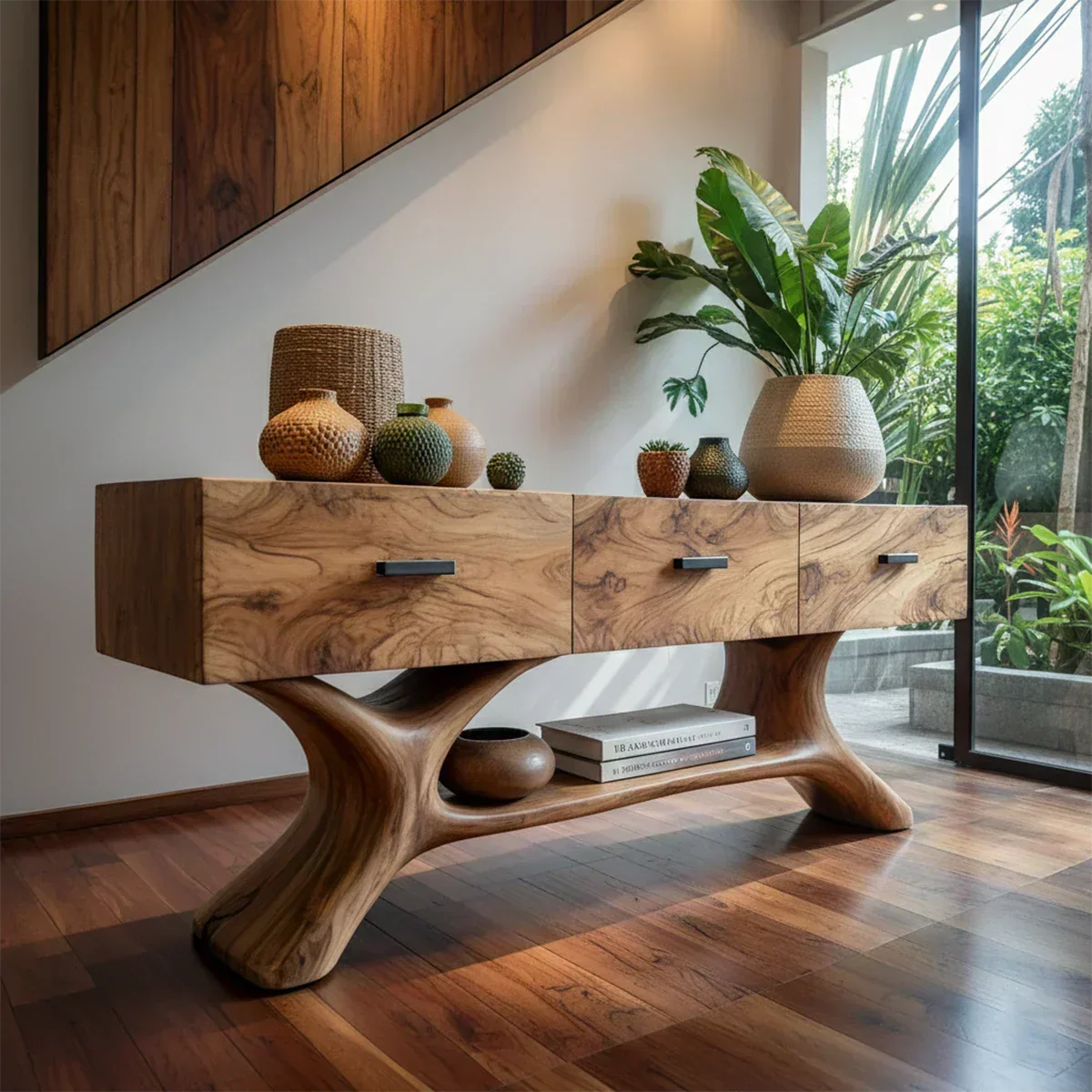 Solid Wood Console Table with Organic Sculptural Base & Drawers - Rustira