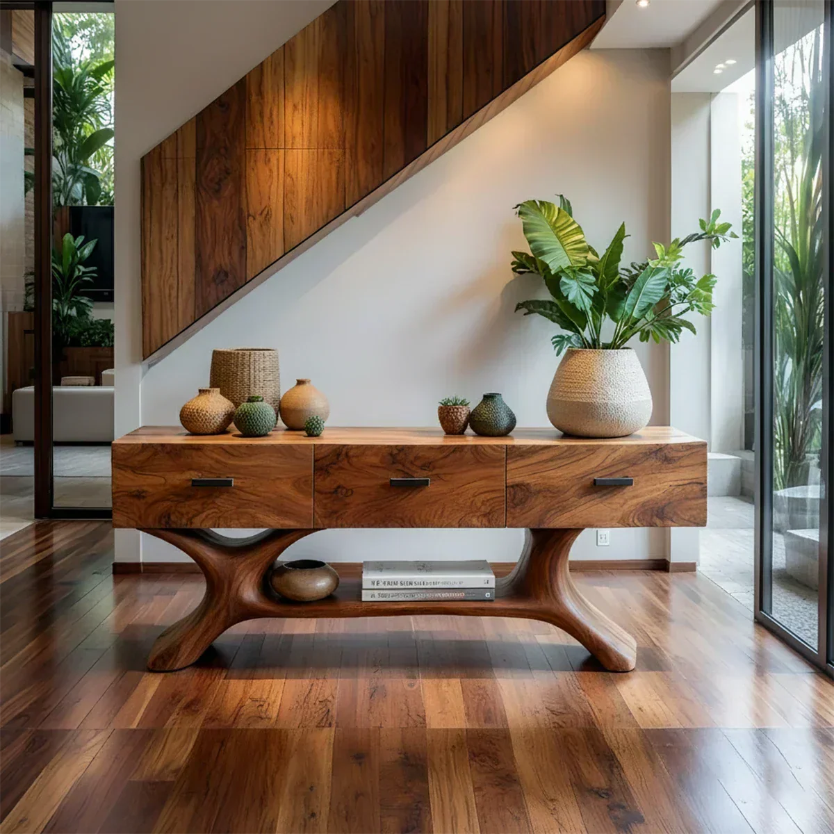 Solid Wood Console Table with Organic Sculptural Base & Drawers - Rustira