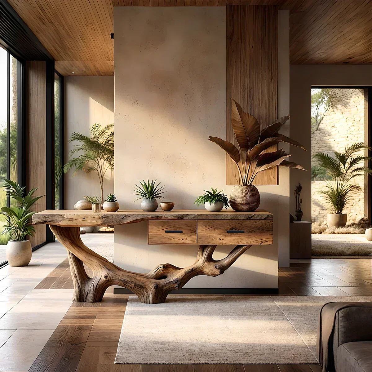 Solid Wood Console Table with Raw-Edge Top & Sculpted Root-Form Base - Rustira