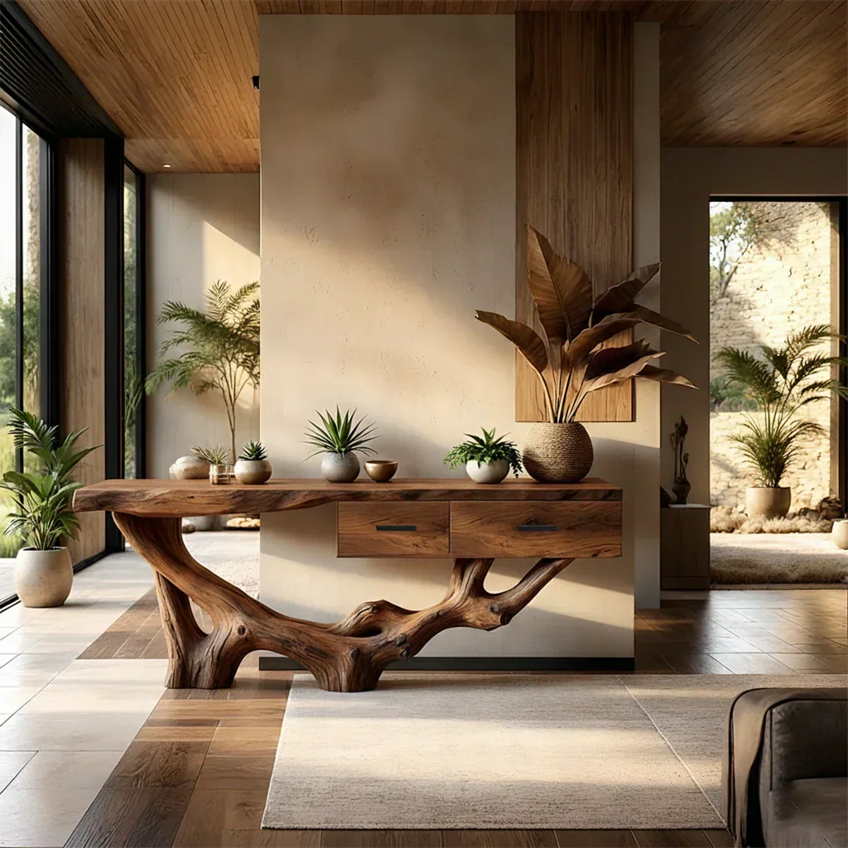 Solid Wood Console Table with Raw-Edge Top & Sculpted Root-Form Base - Rustira