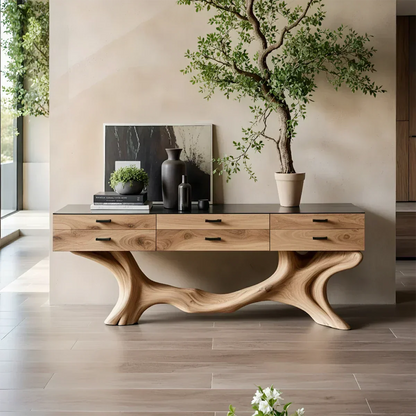 Solid Wood Console Table with Sculpted Branch-Form Base & Drawers - Rustira