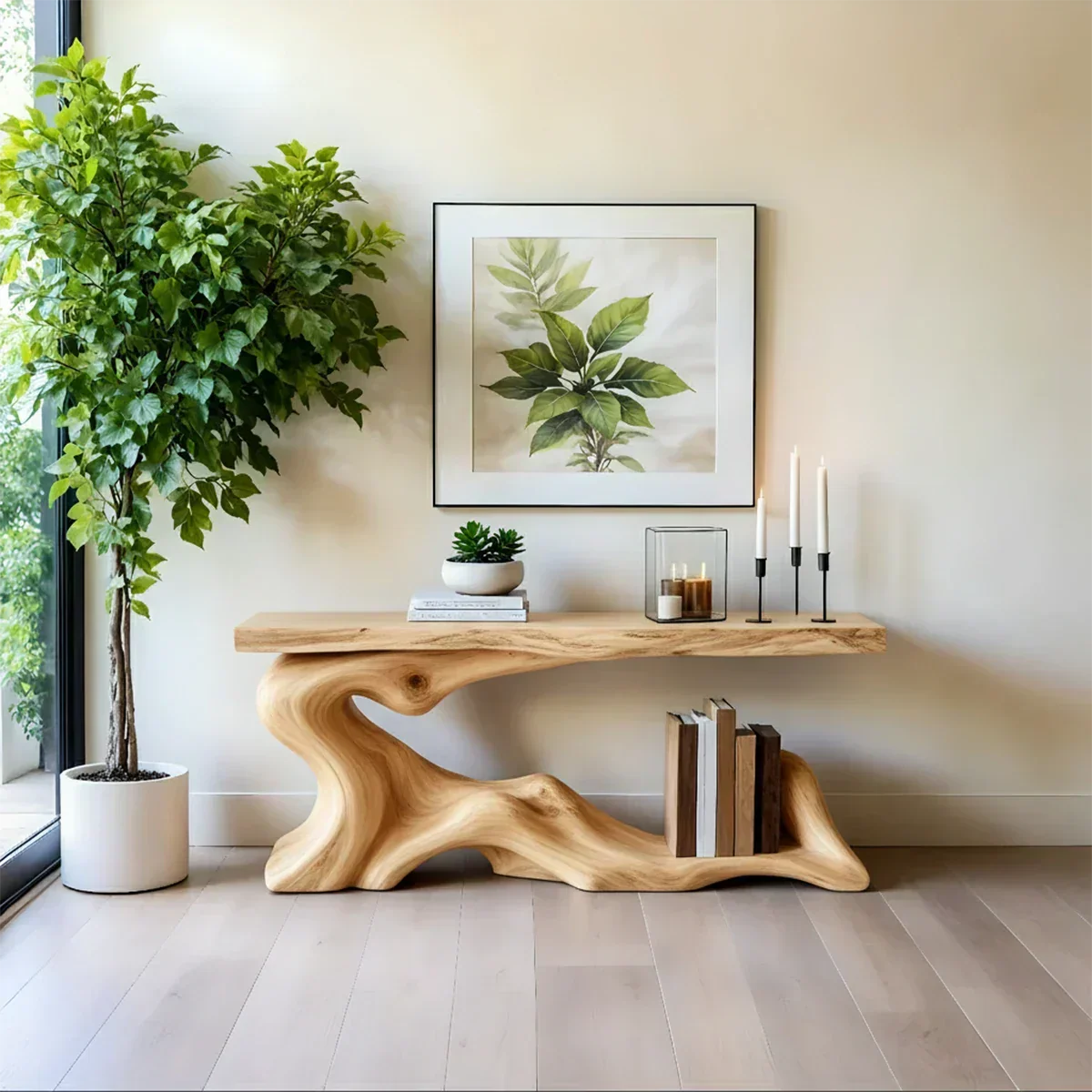 Solid Wood Console Table with Sculpted Wave-Form Base - Rustira