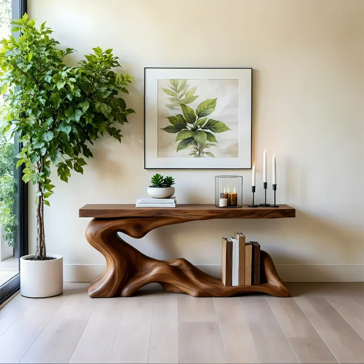Solid Wood Console Table with Sculpted Wave-Form Base - Rustira