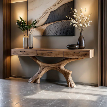 Solid Wood Console Table with Sculptural Branch-Form Base & Drawers - Rustira