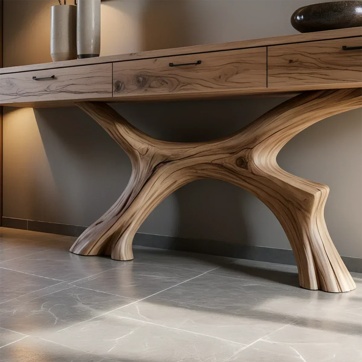 Solid Wood Console Table with Sculptural Branch-Form Base & Drawers - Rustira