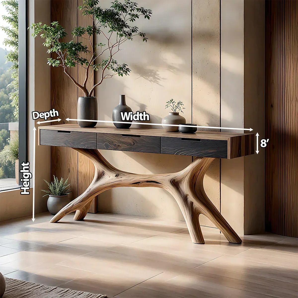 Solid Wood Console Table with Sculptural Branch-Form Base & Drawers - Rustira