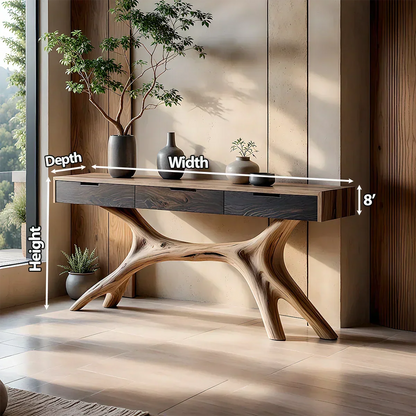 Solid Wood Console Table with Sculptural Branch-Form Base & Drawers - Rustira