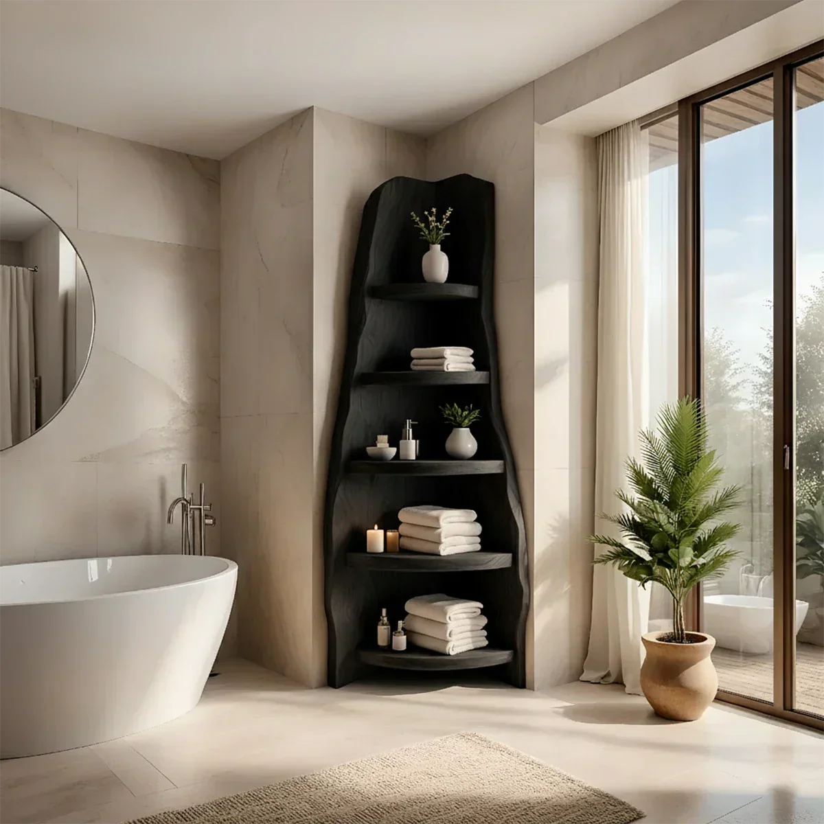 Solid Wood Corner Bathroom Shelf Tower – Live Edge Organic Design - Rustira