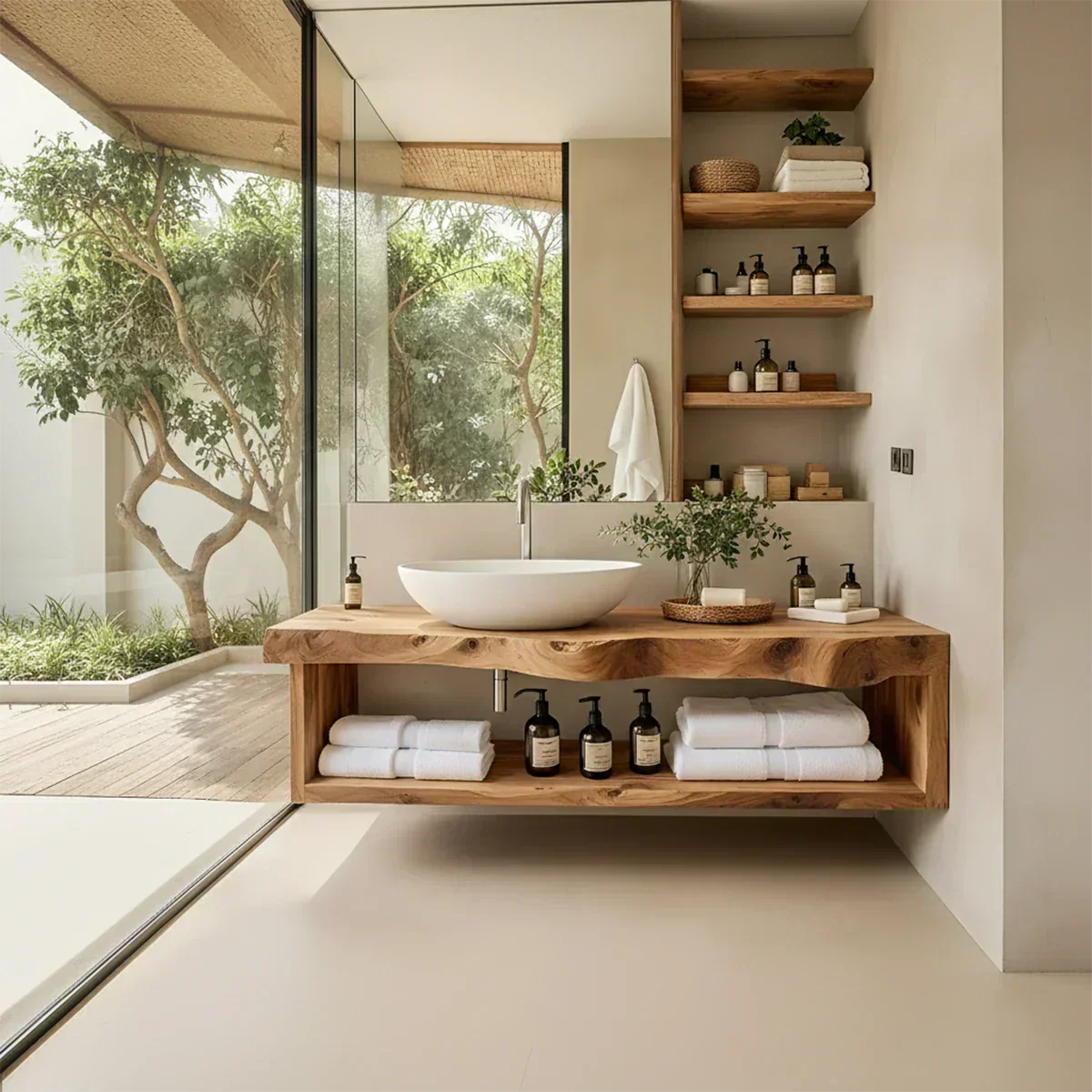 Solid Wood Floating Vanity with Shelf – Japandi Natural Spa Bathroom Console - Rustira