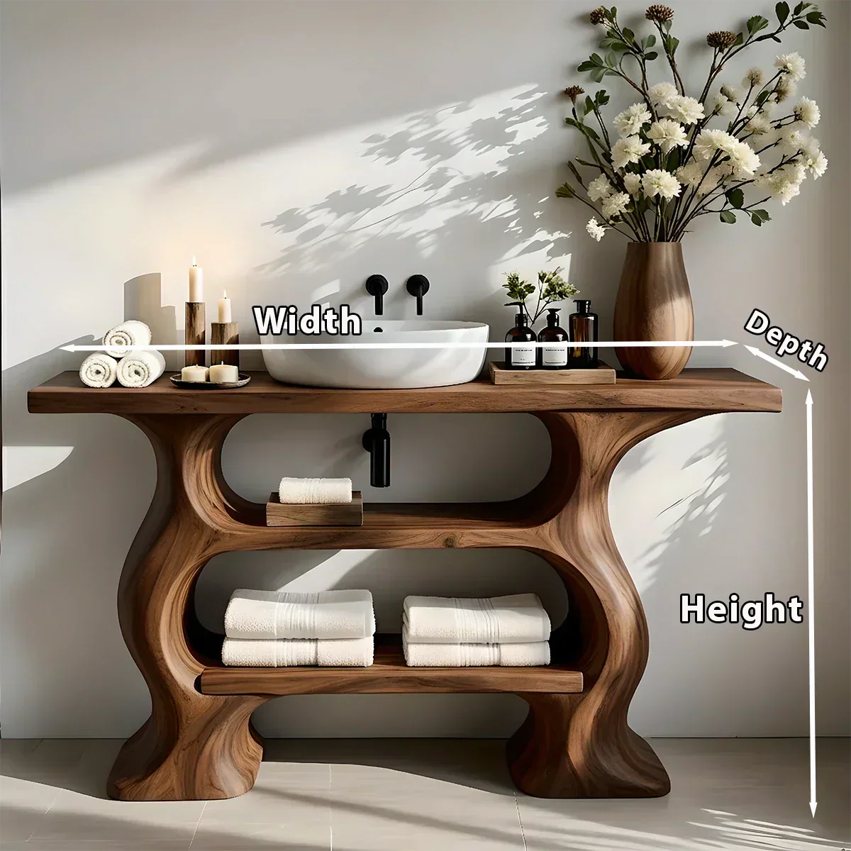 Solid Wood Sculptural Bathroom Vanity with Dual Storage Shelves - Rustira