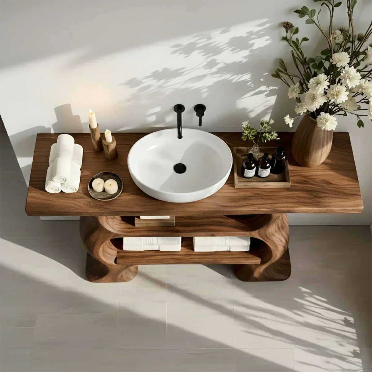 Solid Wood Sculptural Bathroom Vanity with Dual Storage Shelves - Rustira