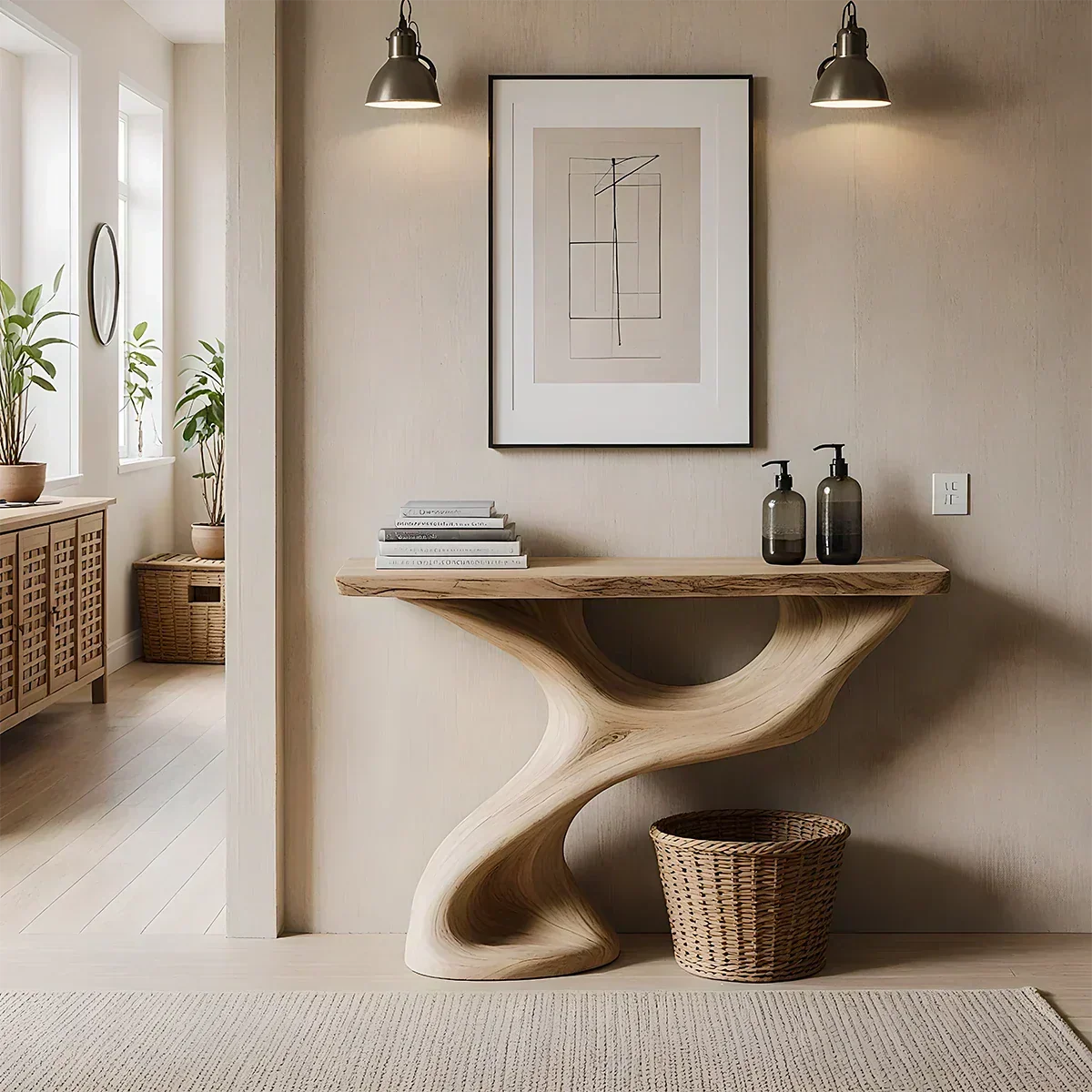 Solid Wood Sculptural Console Table – Organic Flow Form - Rustira