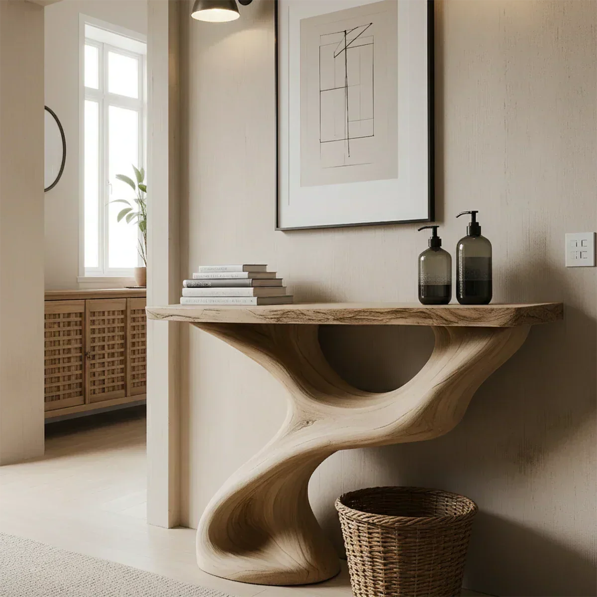 Solid Wood Sculptural Console Table – Organic Flow Form - Rustira