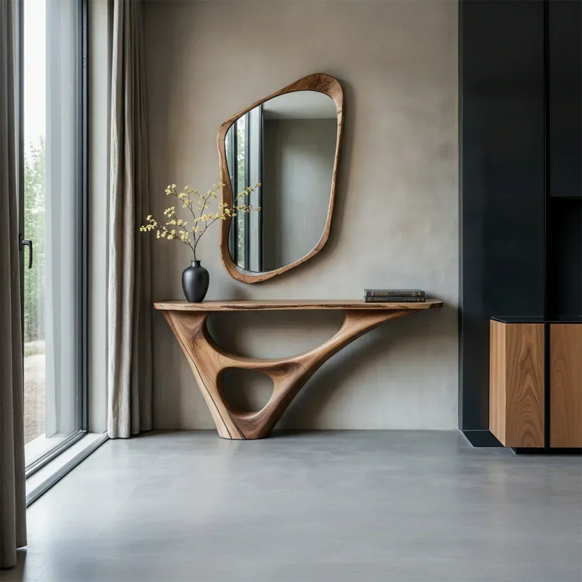 Solid Wood Sculptural Console Table with Fluid Carved Base - Rustira