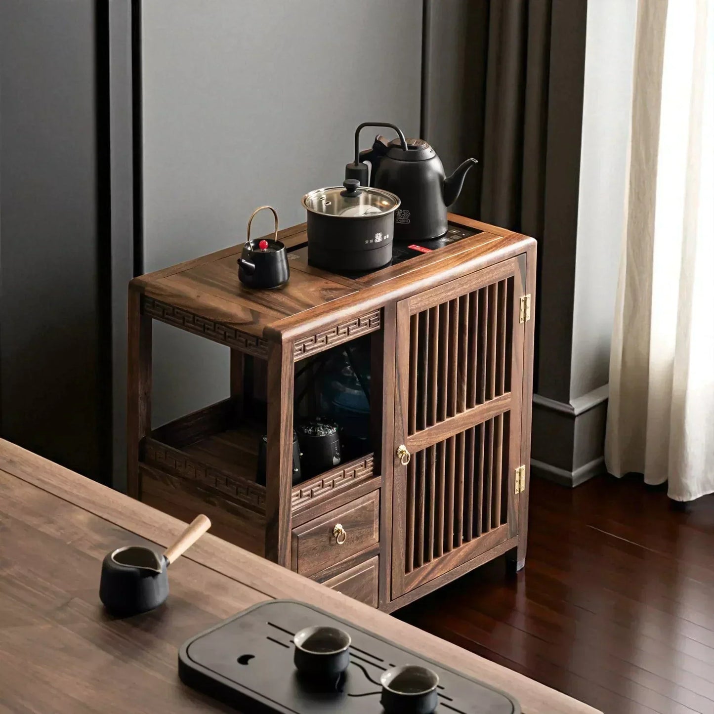 Solid Wood Tea Cabinet – Traditional Storage with Sliding Doors - Rustira