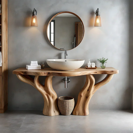 Solid Wood Tree-Form Bathroom Vanity – Natural Live-Edge Countertop - Rustira