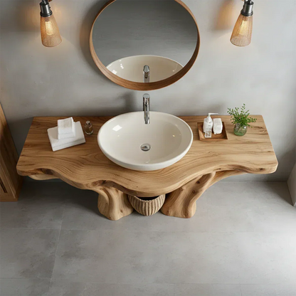 Solid Wood Tree-Form Bathroom Vanity – Natural Live-Edge Countertop - Rustira