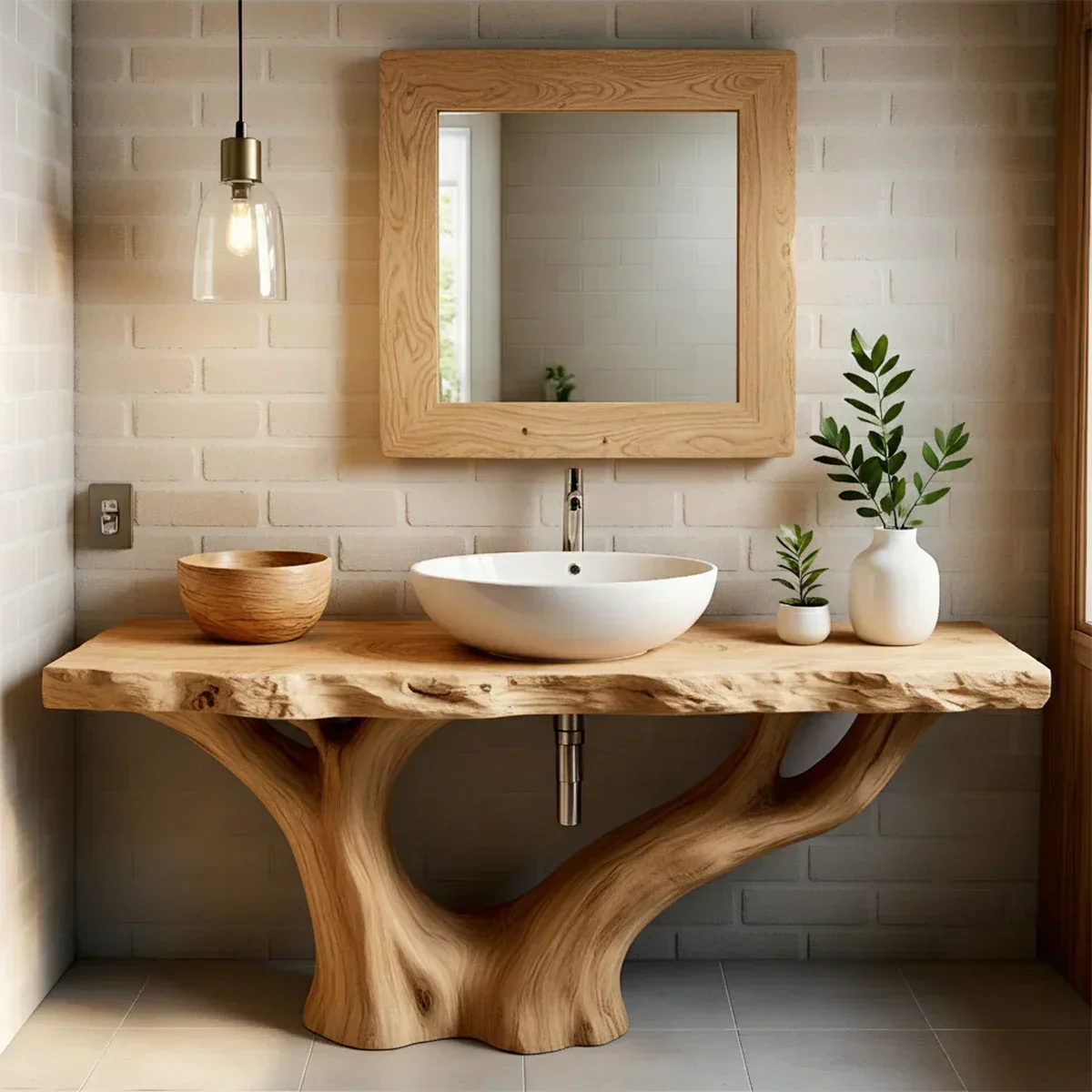 Solid Wood Tree Trunk Bathroom Vanity – Natural Live-Edge Design - Rustira