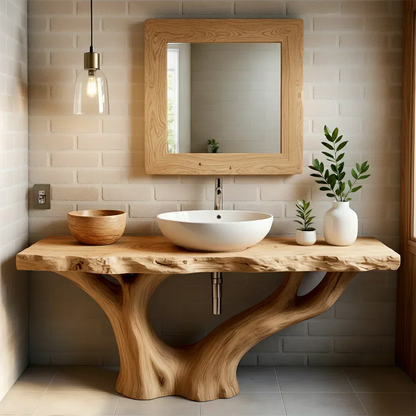 Solid Wood Tree Trunk Bathroom Vanity – Natural Live-Edge Design - Rustira