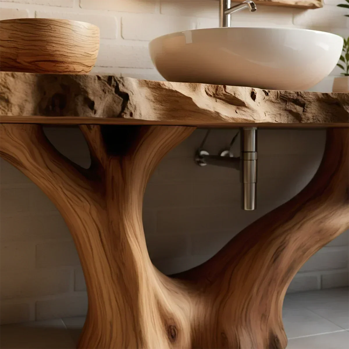 Solid Wood Tree Trunk Bathroom Vanity – Natural Live-Edge Design - Rustira