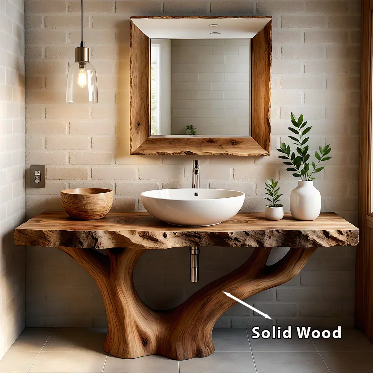 Solid Wood Tree Trunk Bathroom Vanity – Natural Live-Edge Design - Rustira