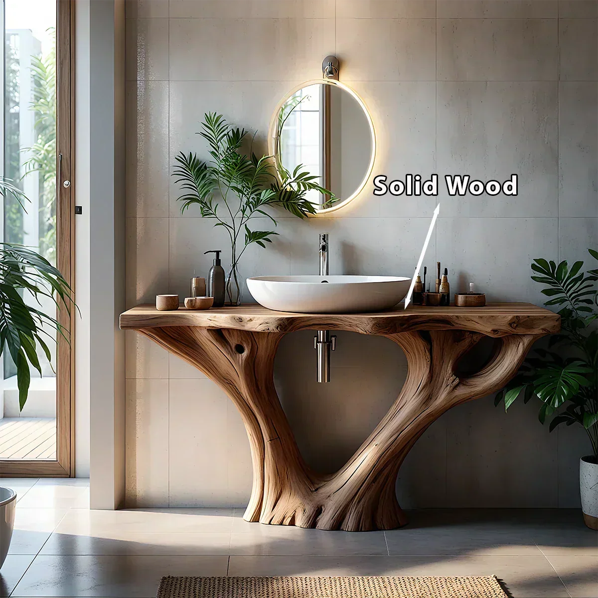 Solid Wood Tree Trunk Bathroom Vanity – Sculpted Live-Edge Base - Rustira