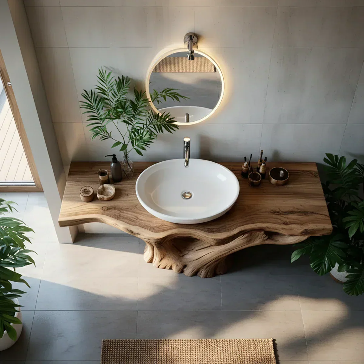 Solid Wood Tree Trunk Bathroom Vanity – Sculpted Live-Edge Base - Rustira