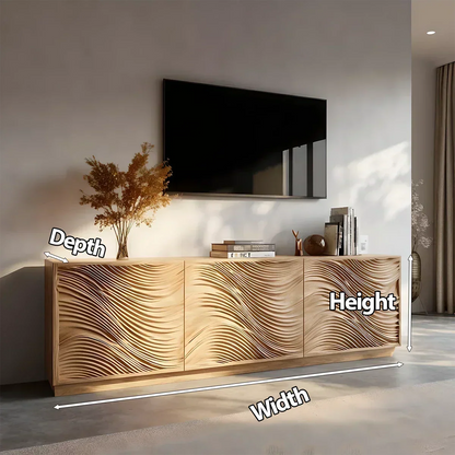 Sunlit Wave Carved Solid Wood TV Stand – Natural Breeze Edition - Rustira
