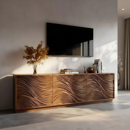 Sunlit Wave Carved Solid Wood TV Stand – Natural Breeze Edition - Rustira