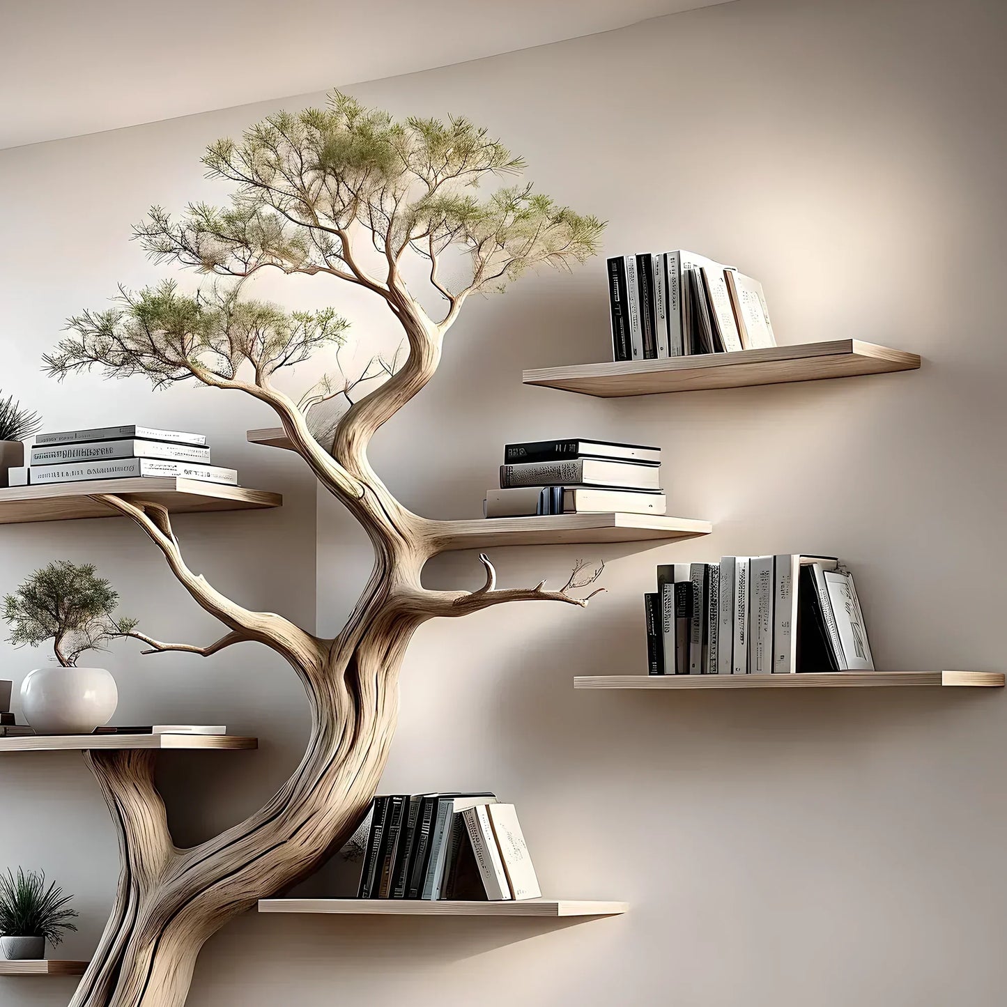 Solid perennial wood bookshelf, floating shelf, tree-shaped bookshelf