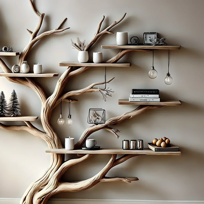 Narrow floating living table with solid wood bookcase and floating bookshelf