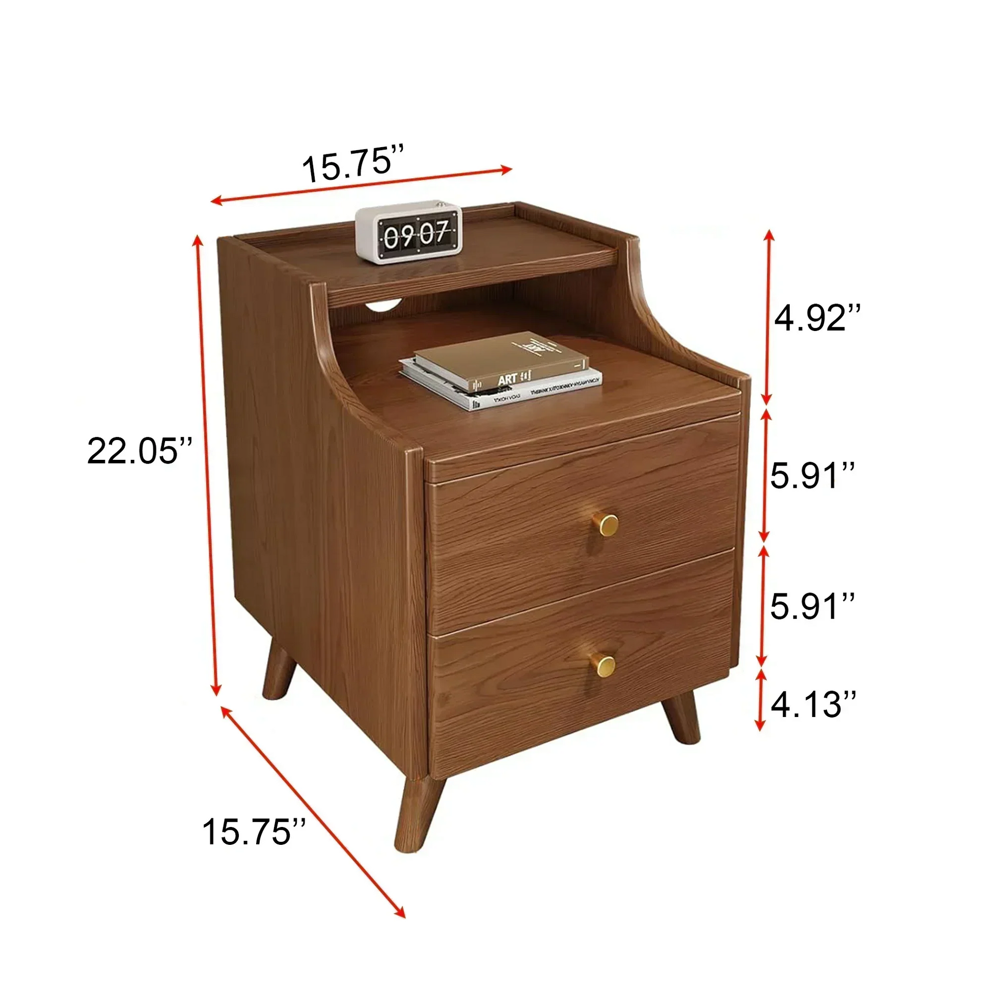 Wooden bedside table with 2 drawers and open storage shelves