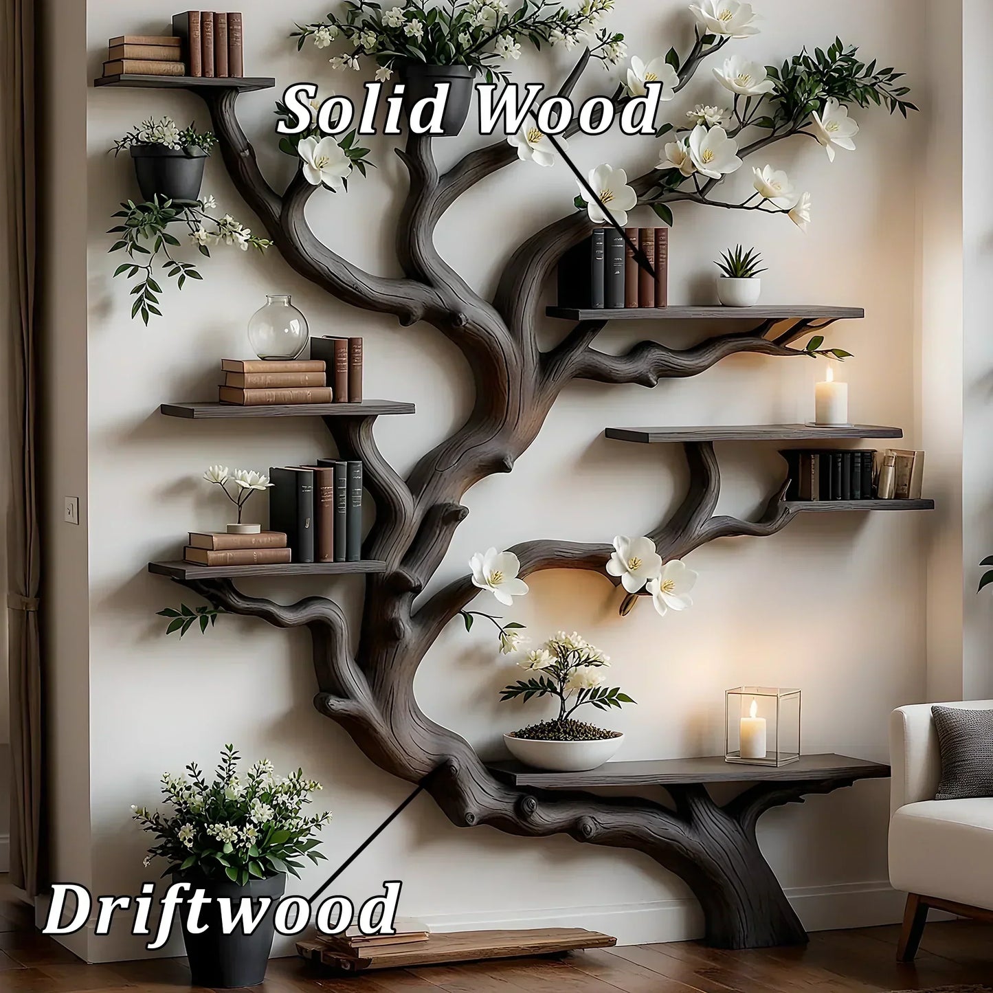 Solid Wood Tree Bookshelf – Nature Theme Decor for Living Room or Nursery